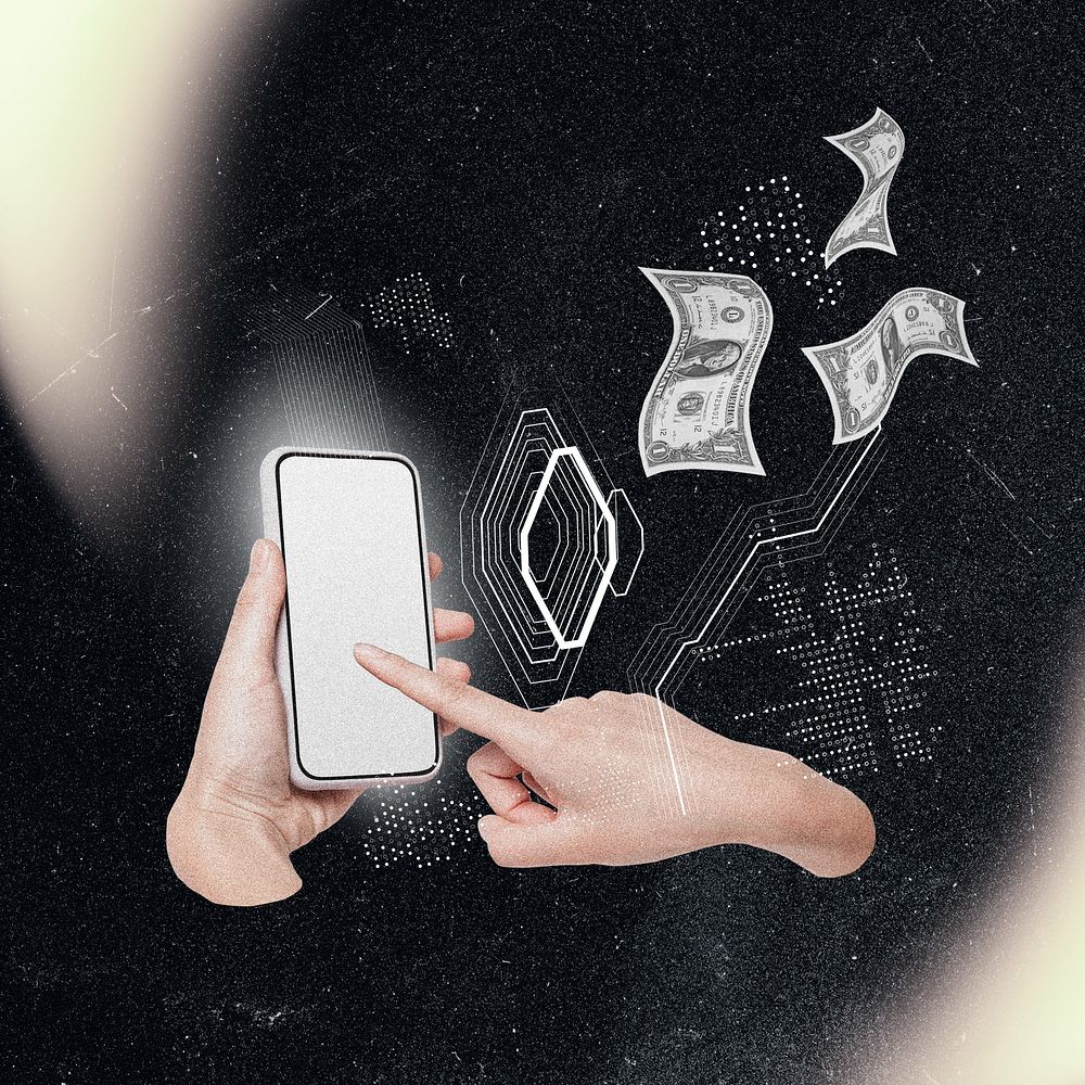 Online banking background, hand using smartphone remix
