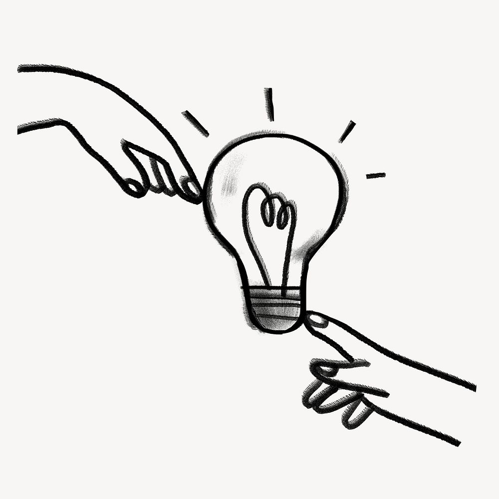 Fingers touching light bulb, innovative ideas doodle psd