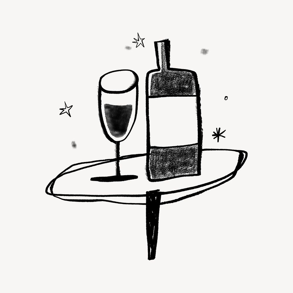 Champagne glass, bottle, celebration drinks doodle
