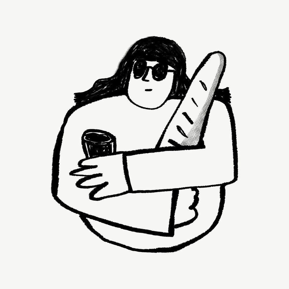 Woman hugging baguette, Parisian lifestyle doodle psd