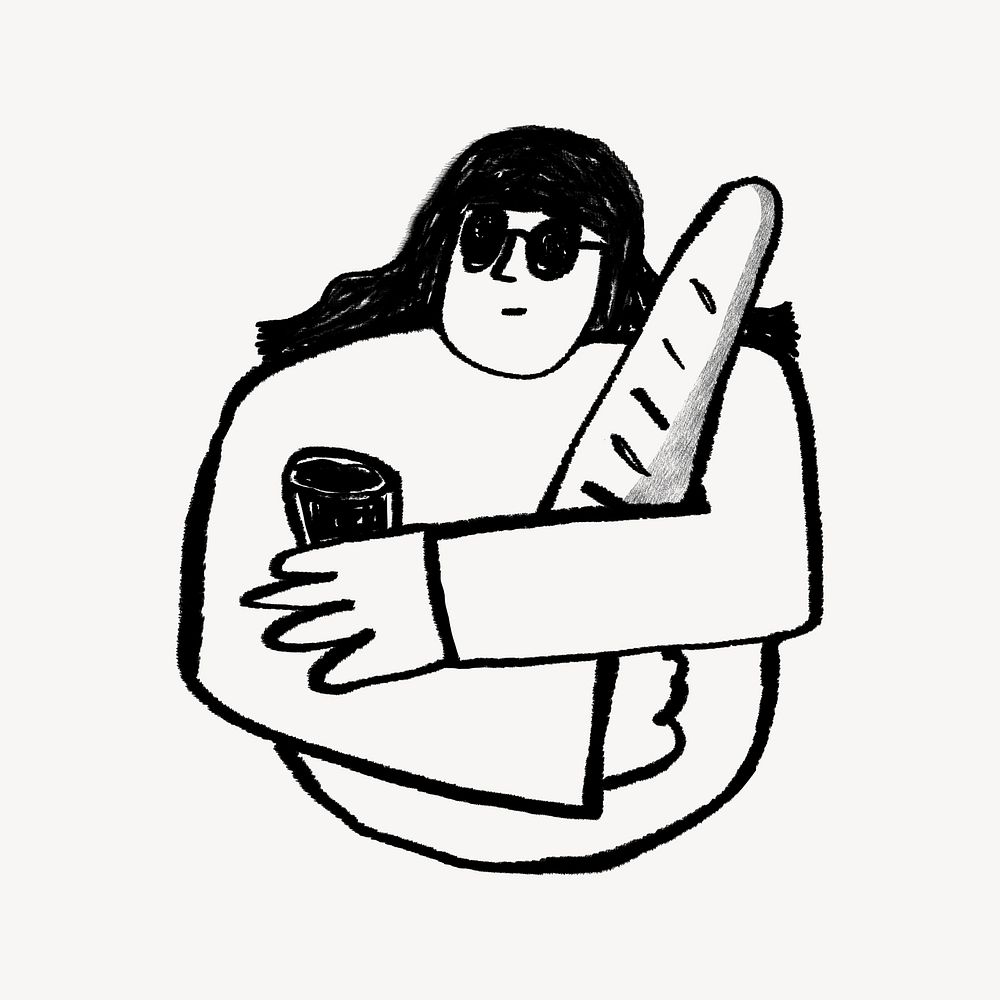 Woman hugging baguette, Parisian lifestyle doodle
