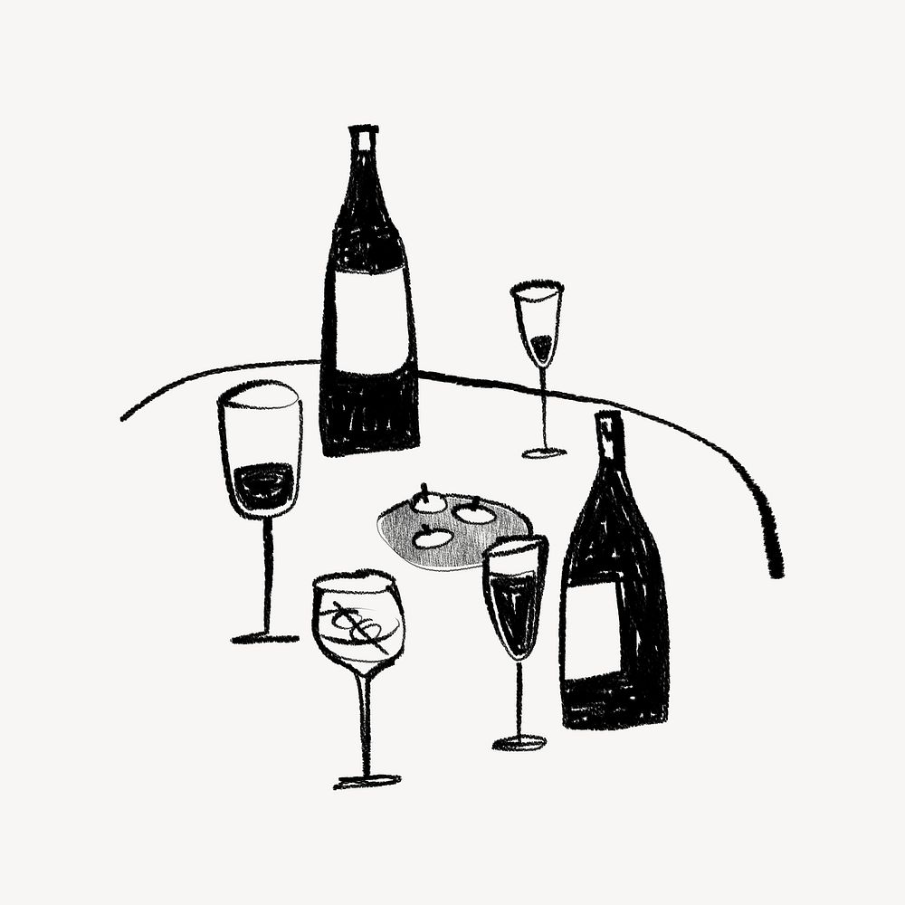 Wine, champagne glasses, drinks doodle