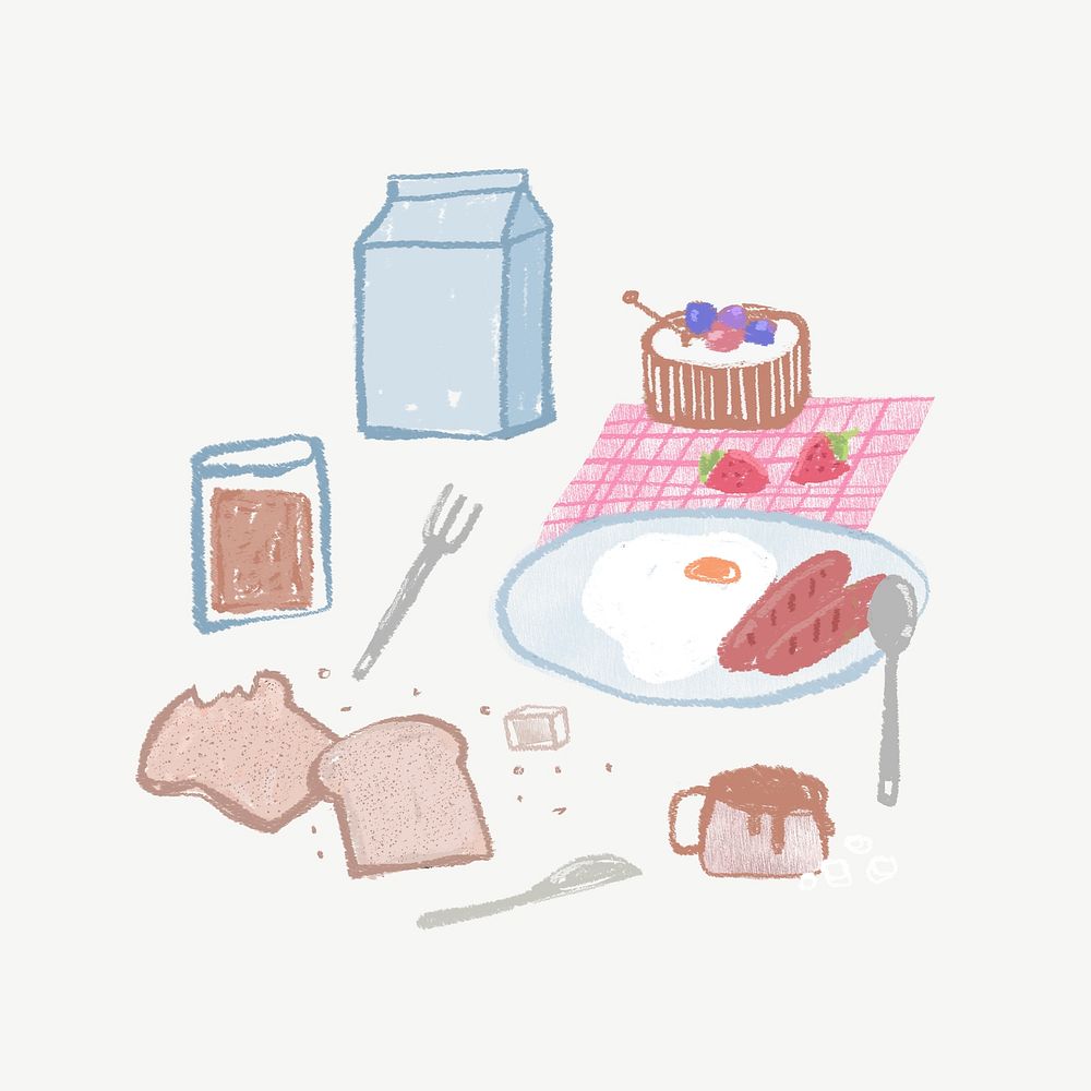 Breakfast table collage element, doodle design psd