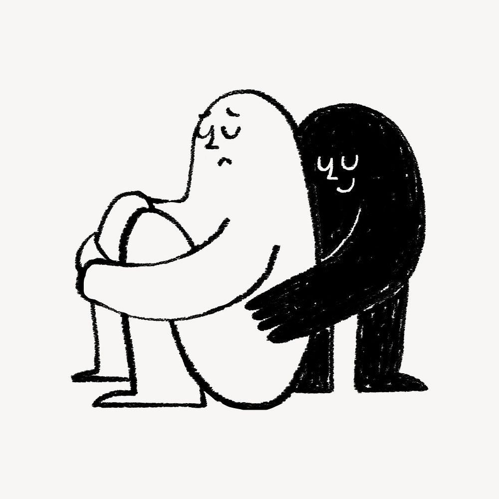 Person comforting friend, mental health doodle