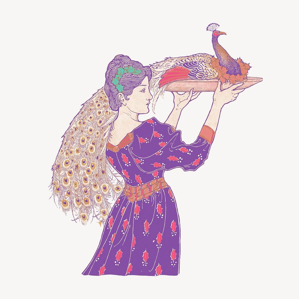 Woman carrying peacock on a tray, vintage illustration, remixed from the artwork of Louis Rhead