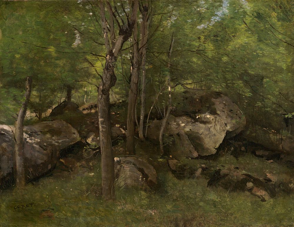 Rocks in the Forest of Fontainebleau (1860–1865) by Jean–Baptiste–Camille Corot.  