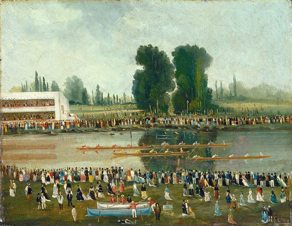 Rowing Scene: Crowds Watching from the River Banks in the late 19th century by E. Levy.  