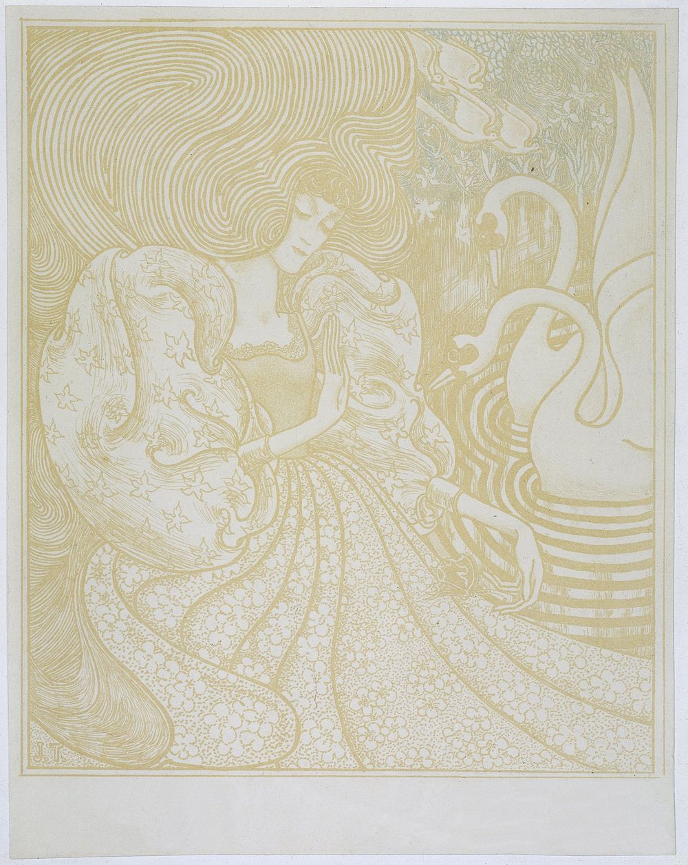 Woman with a Butterfly at a Pond with Two Swans (1894) by Jan Toorop. Original public domain image from the Rijksmuseum