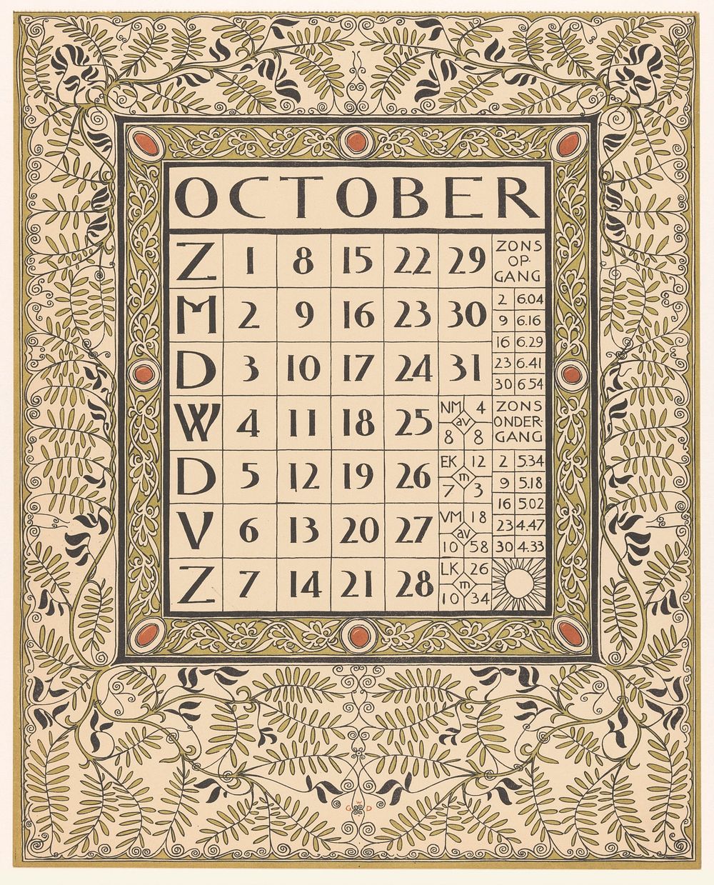 Kalenderblad voor oktober 1899 (1898) print in high resolution by Gerrit Willem Dijsselhof.  