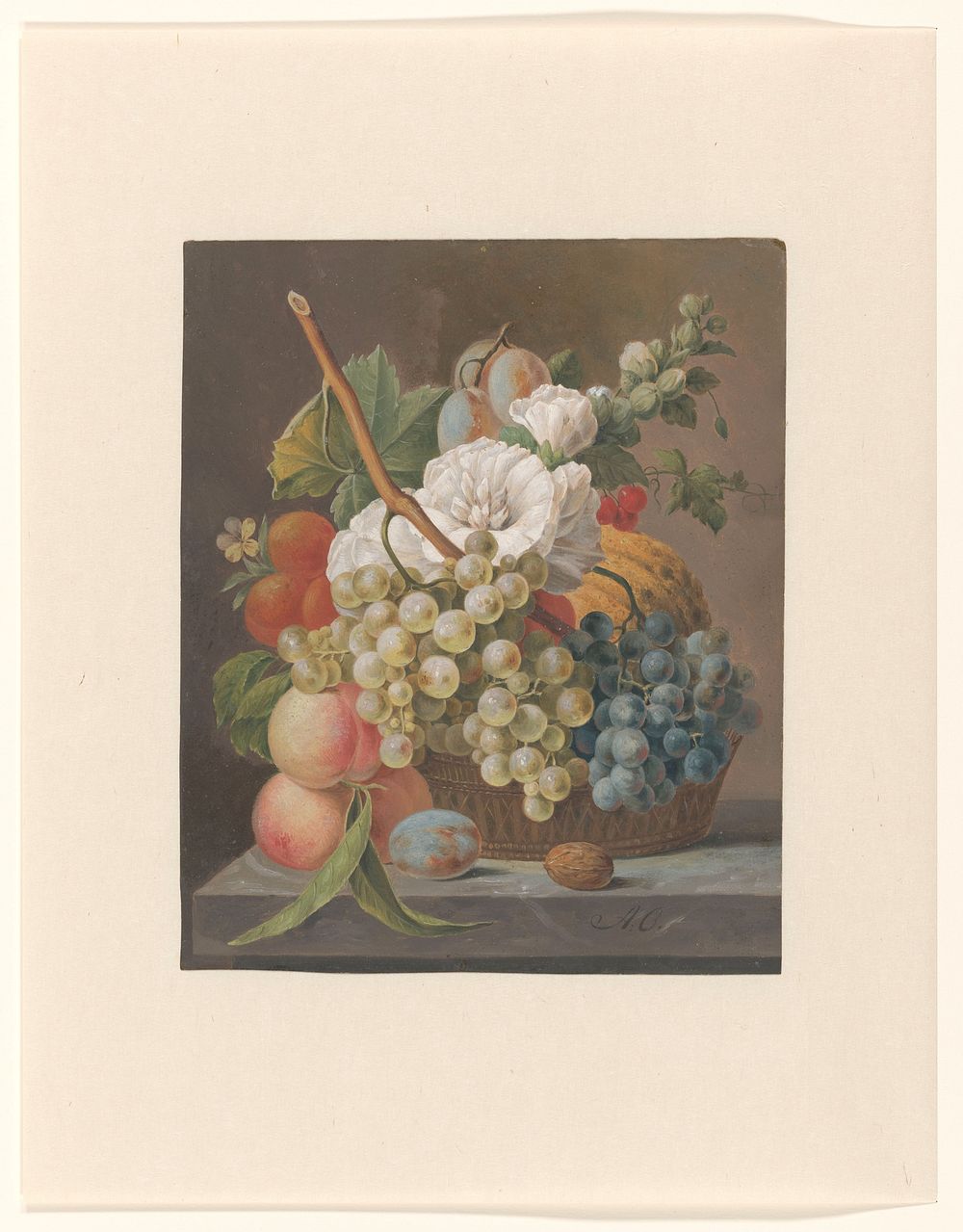 Stilleven met bloemen en fruit in een mandje (ca. 1791) by Anthony Oberman. 