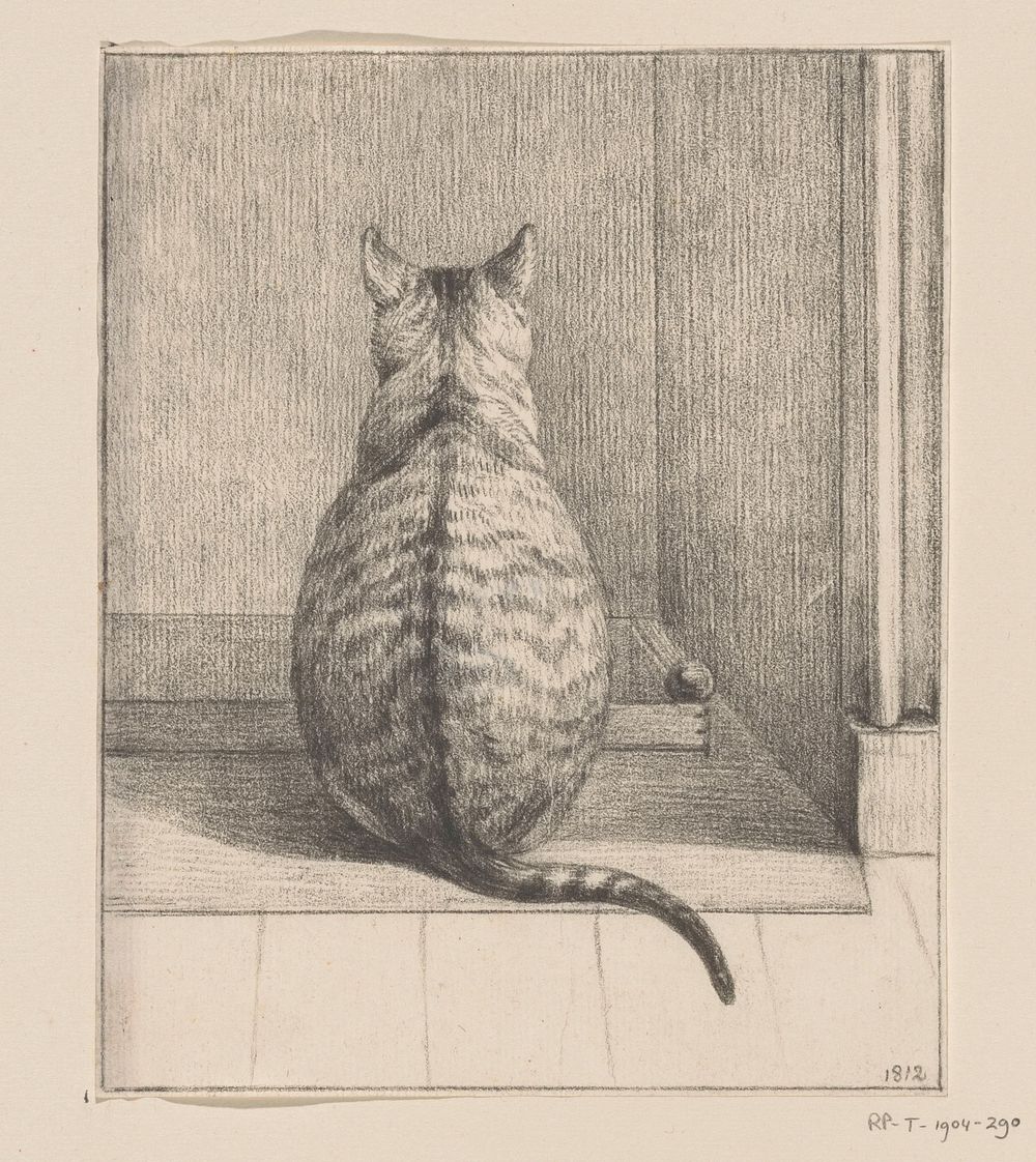Zittende kat, van achteren (1812) drawing in high resolution by Jean Bernard.  