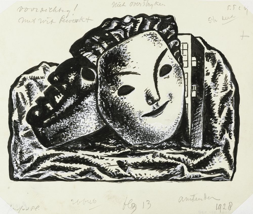 Twee maskers voor gebouw en rotsen (schets) (ca. 1936) drawing in high resolution by Leo Gestel.  