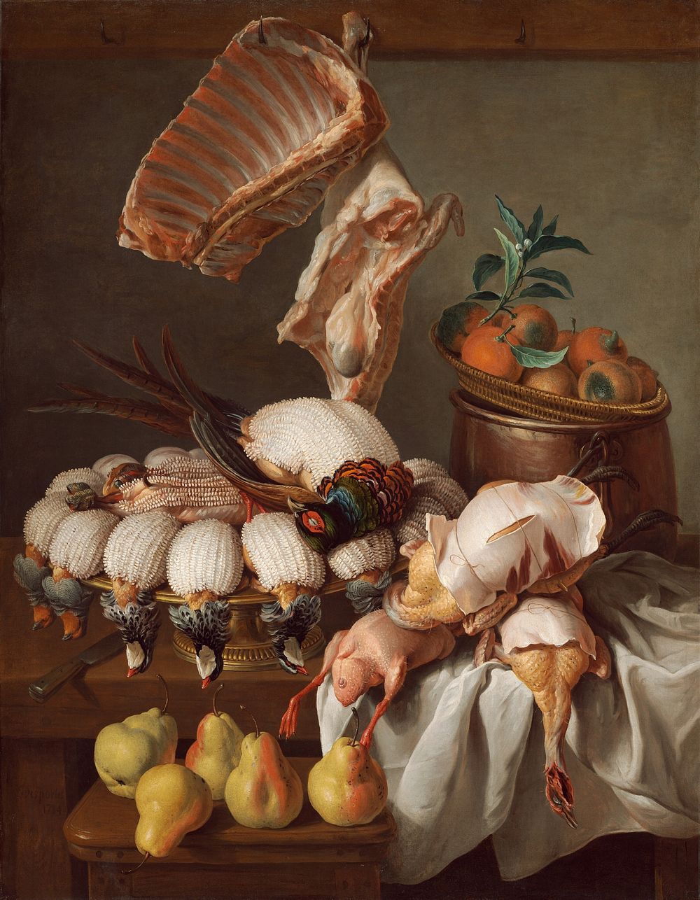 Still Life with Dressed Game, Meat, and Fruit (1734) by Alexandre&ndash;Fran&ccedil;ois Desportes.  