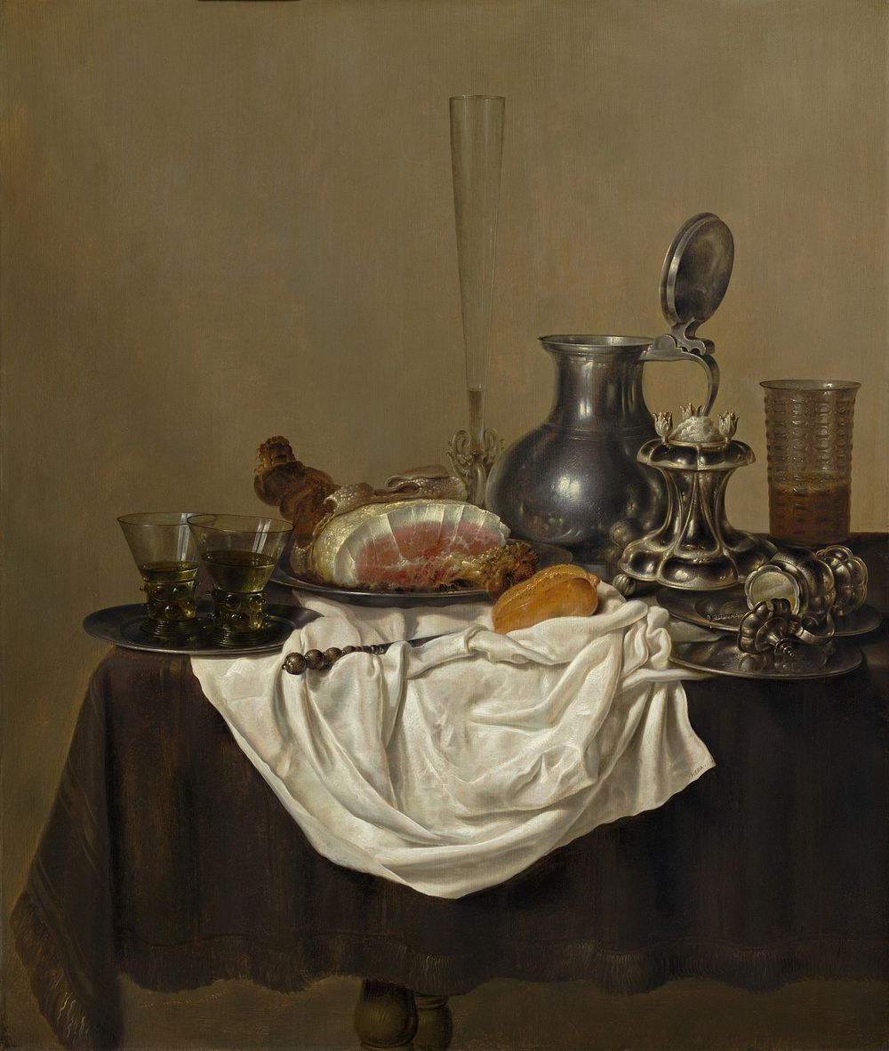 Still Life with Ham (1650) by Gerret Willemsz Heda.  