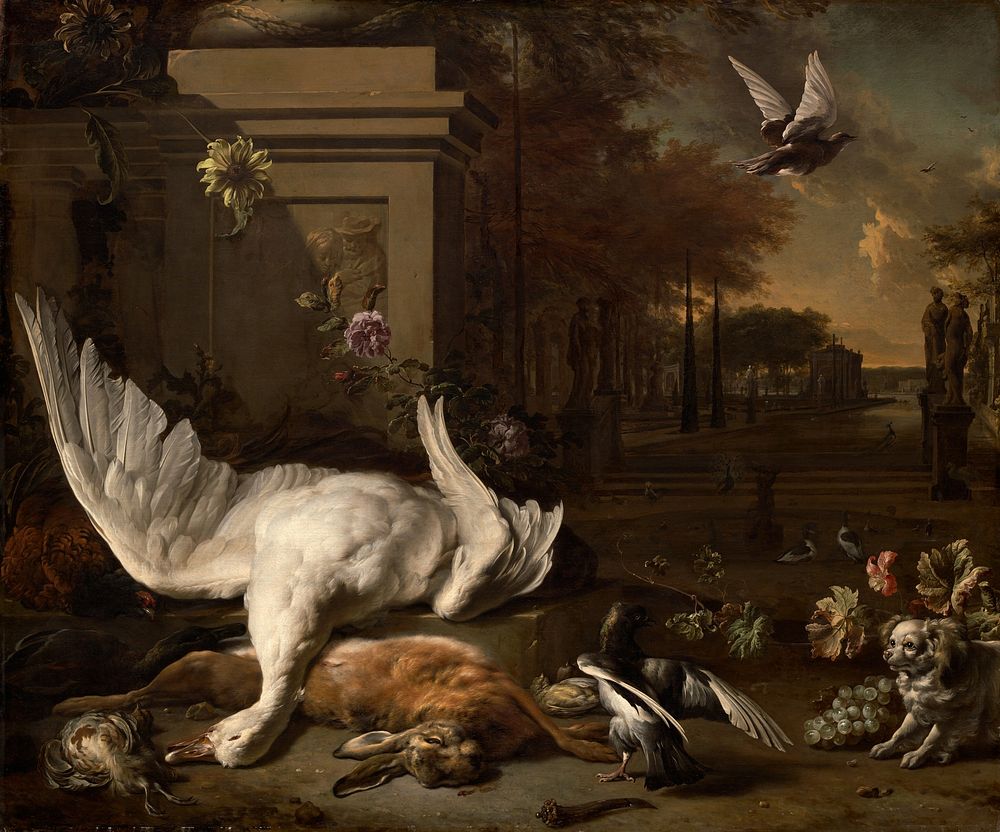 Still Life with Swan and Game before a Country Estate (ca. 1685) by Jan Weenix.  
