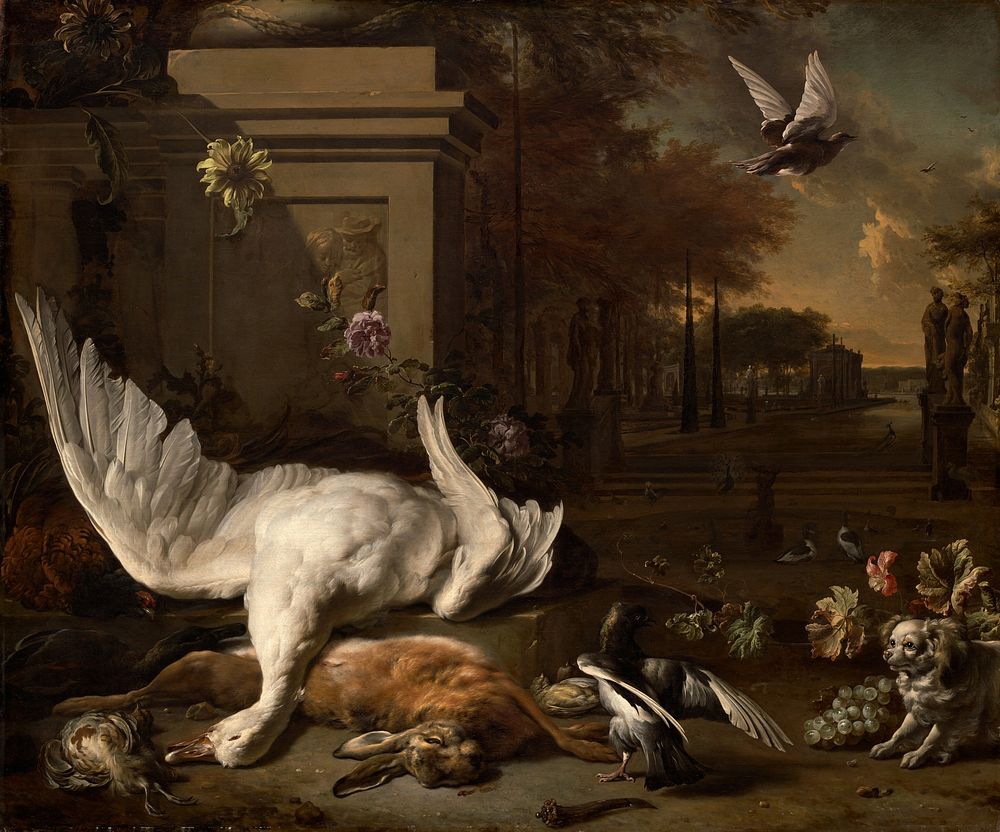 Still Life with Swan and Game before a Country Estate (ca. 1685) by Jan Weenix.  