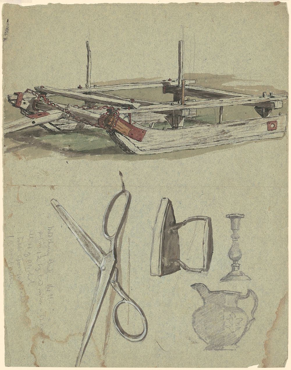 Studies of a Sled and Various Household Objects (ca. 1870-1890) drawing in high resolution by Enoch Wood Perry, Jr.  