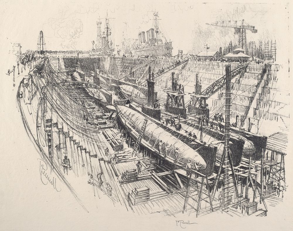 Submarines in Dry Dock (1917) by Joseph Pennell.  