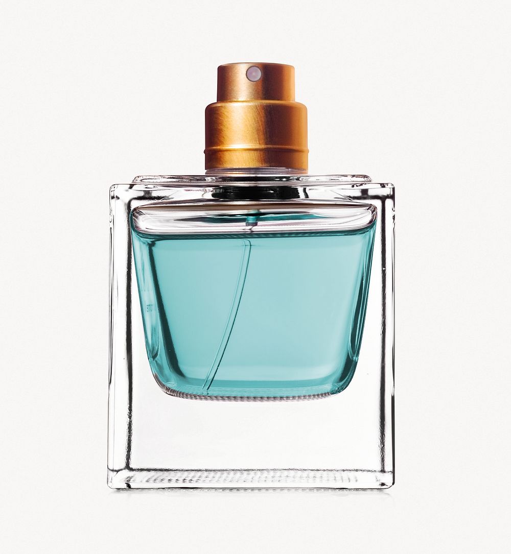 Blue perfume bottle isolated on off white design 