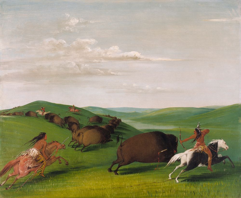 Buffalo Chase with Bows and Lances (1832–1833) painting in high resolution by George Catlin.  