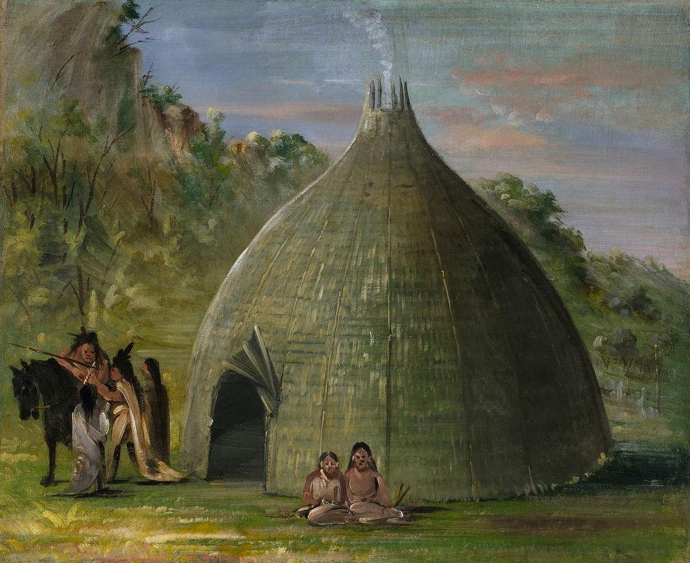 Wichita Lodge, Thatched with Prairie Grass (1834&ndash;1835) painting in high resolution by George Catlin.  