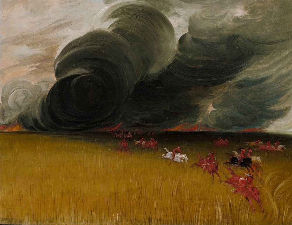 Prairie Meadows Burning (1832) painting in high resolution by George Catlin.  