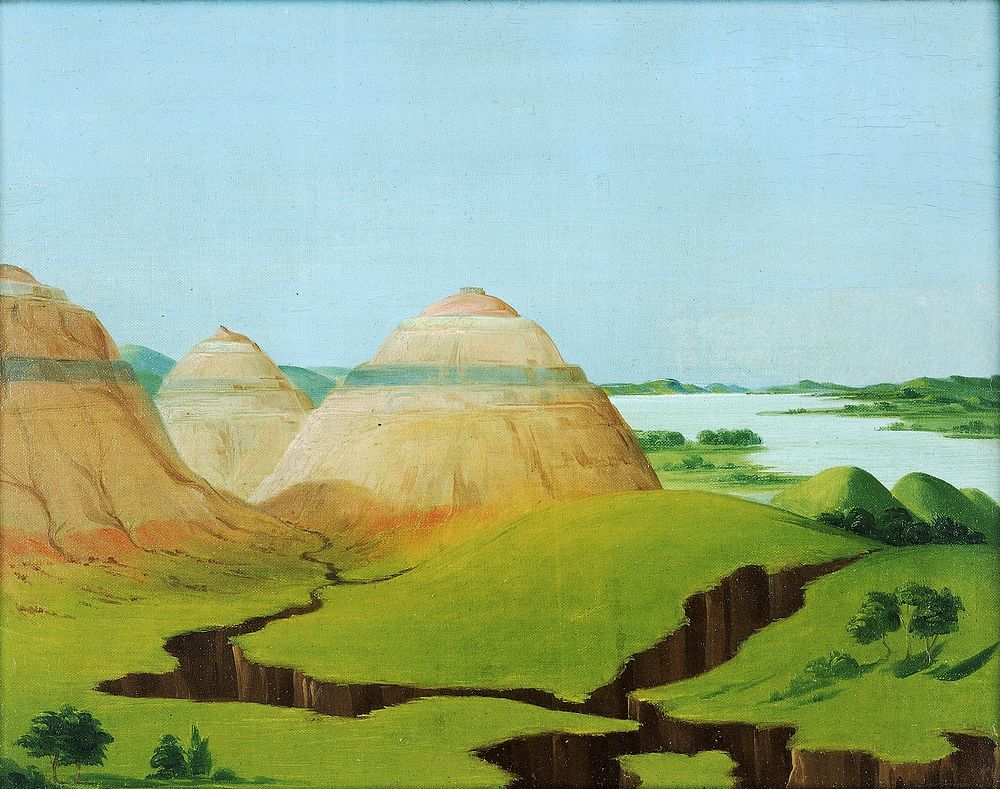 The Three Domes, Clay Bluffs 15 Miles above the Mandan Village (1832) painting in high resolution by George Catlin.  