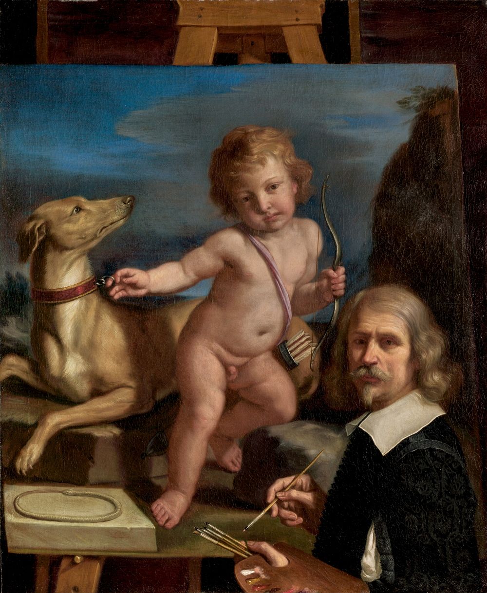 Self-Portrait before a Painting of "Amor Fedele" (1655) by Guercino.  