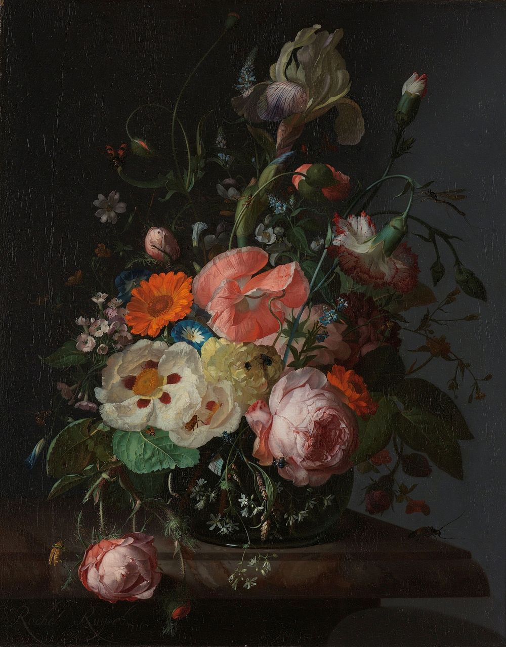 Still Life with Flowers on a Marble Tabletop (1716) painting in high resolution by Rachel Ruysch.   