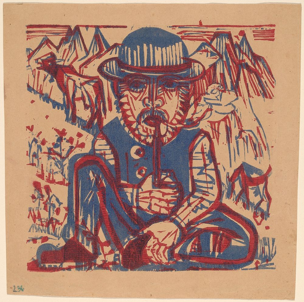 Smoking Peasant print in high resolution by Ernst Ludwig Kirchner (1880–1938).  