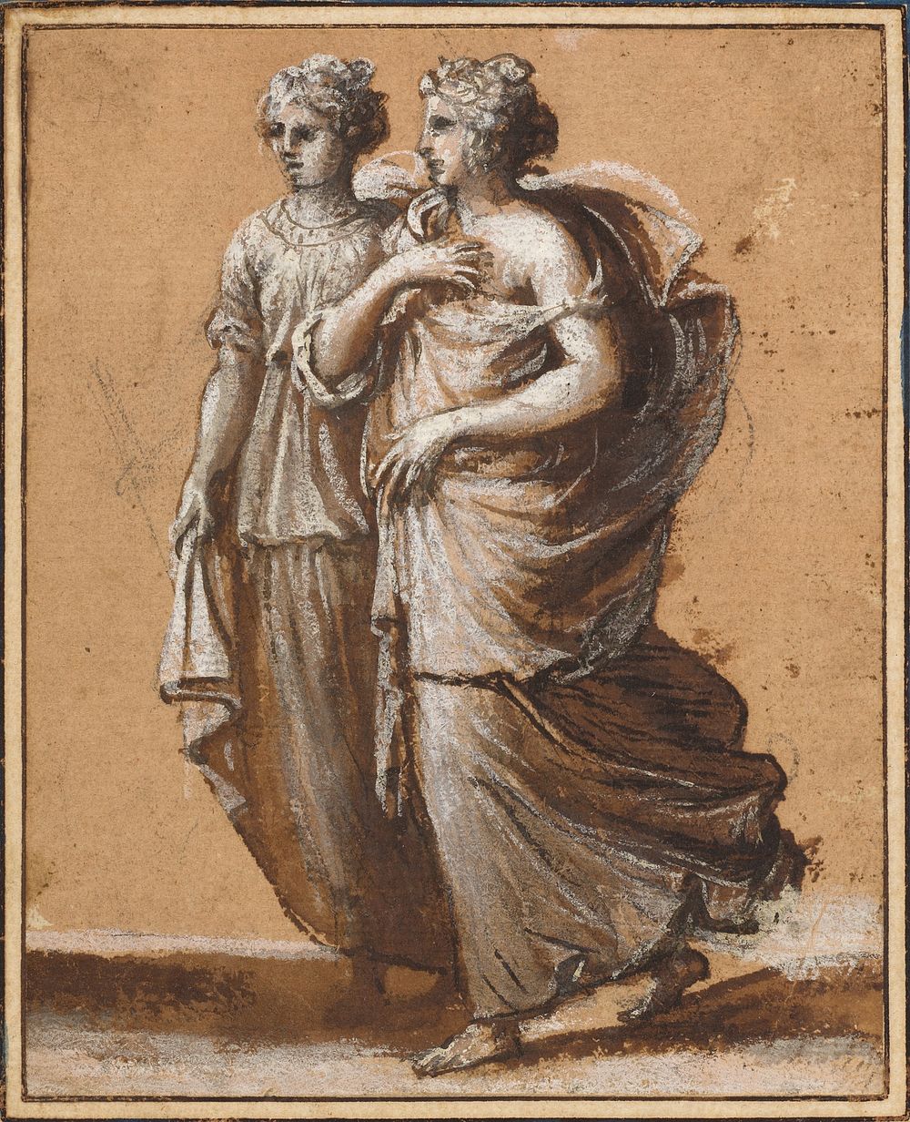 Two Women in Classical Dress during mid 1640s drawing in high resolution by Claude Lorrain.  