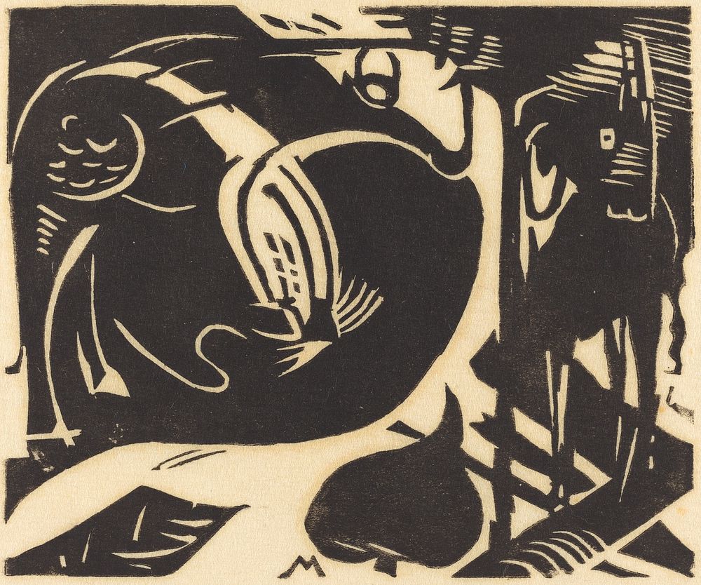 Two Mythical Animals (Zwei Fabeltiere) (1914) print in high resolution by Franz Marc. 