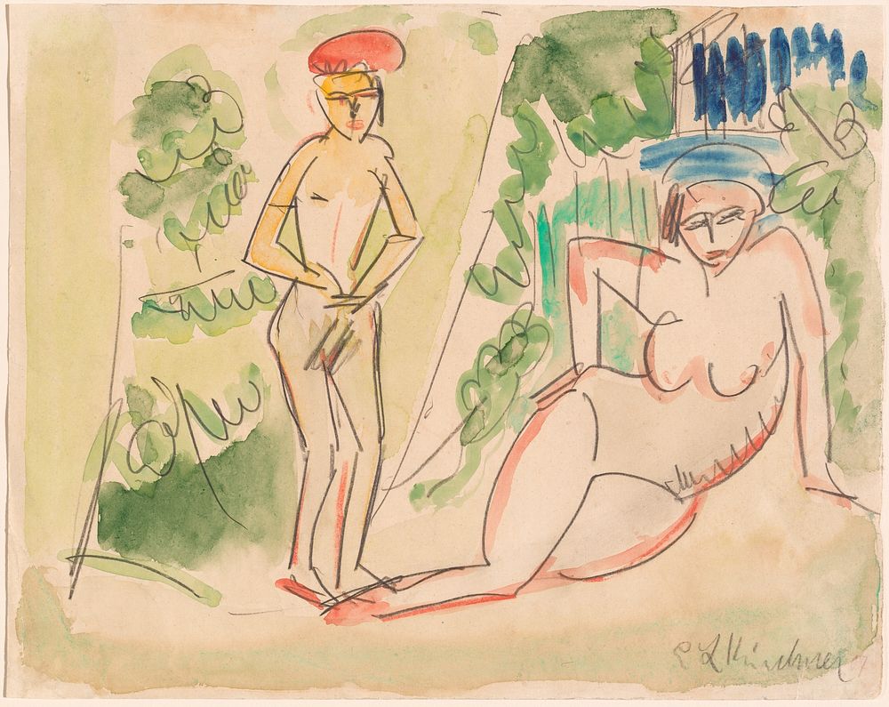 Two Bathers near the Woods (ca.1910&ndash;1911) painting in high resolution by Ernst Ludwig Kirchner.  