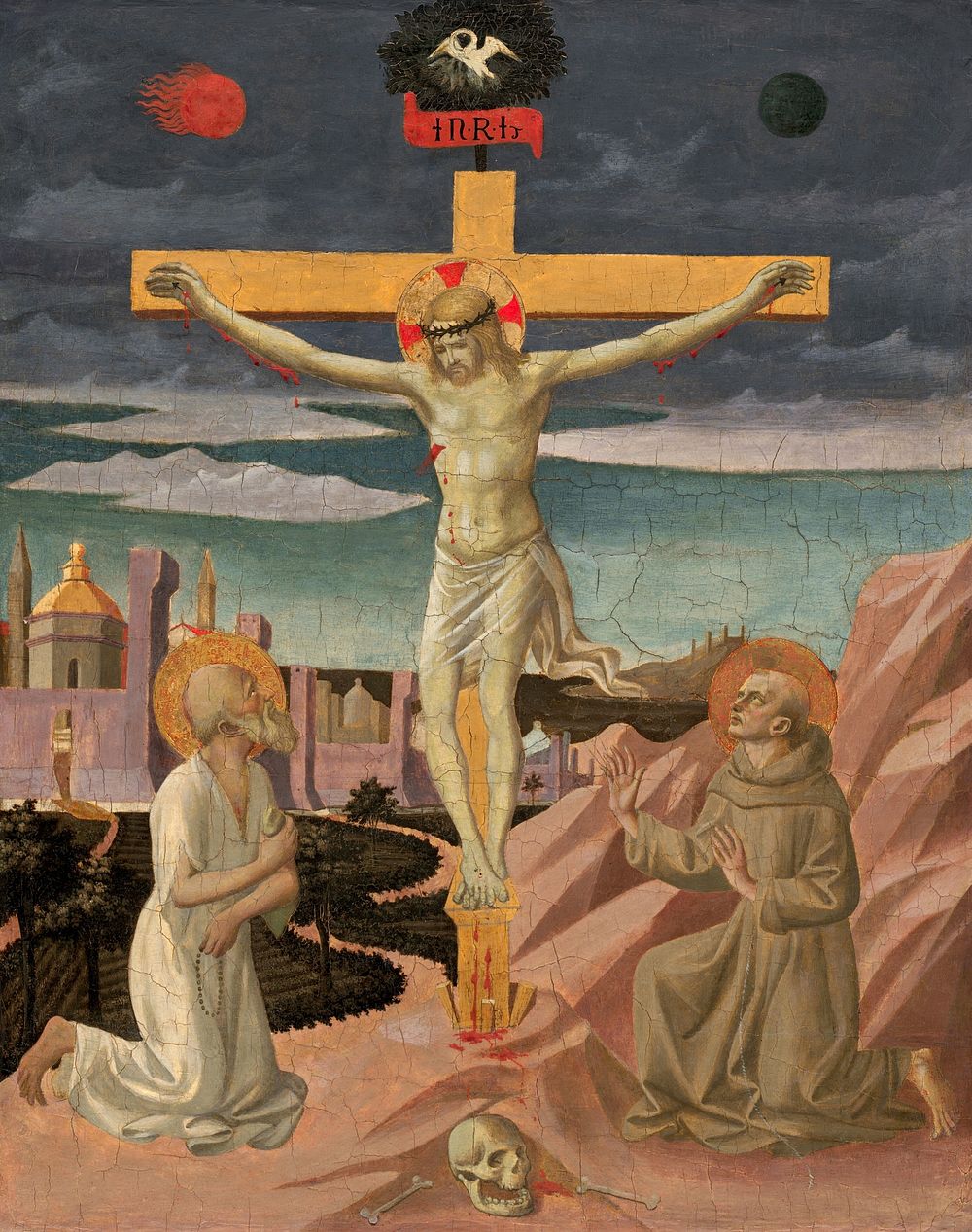 The Crucifixion with Saint Jerome and Saint Francis (ca. 1445–1450) by Pesellino.  