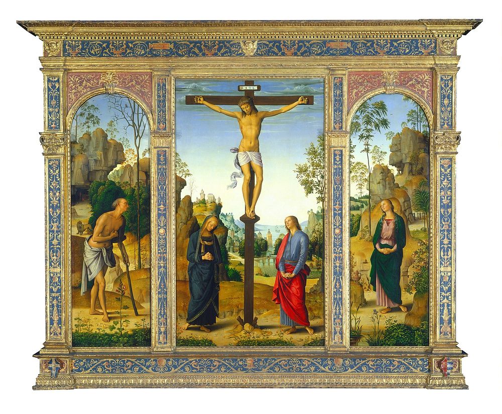 The Crucifixion with the Virgin, Saint John, Saint Jerome, and Saint Mary Magdalene (ca. 1482–1485) by Pietro Perugino.  