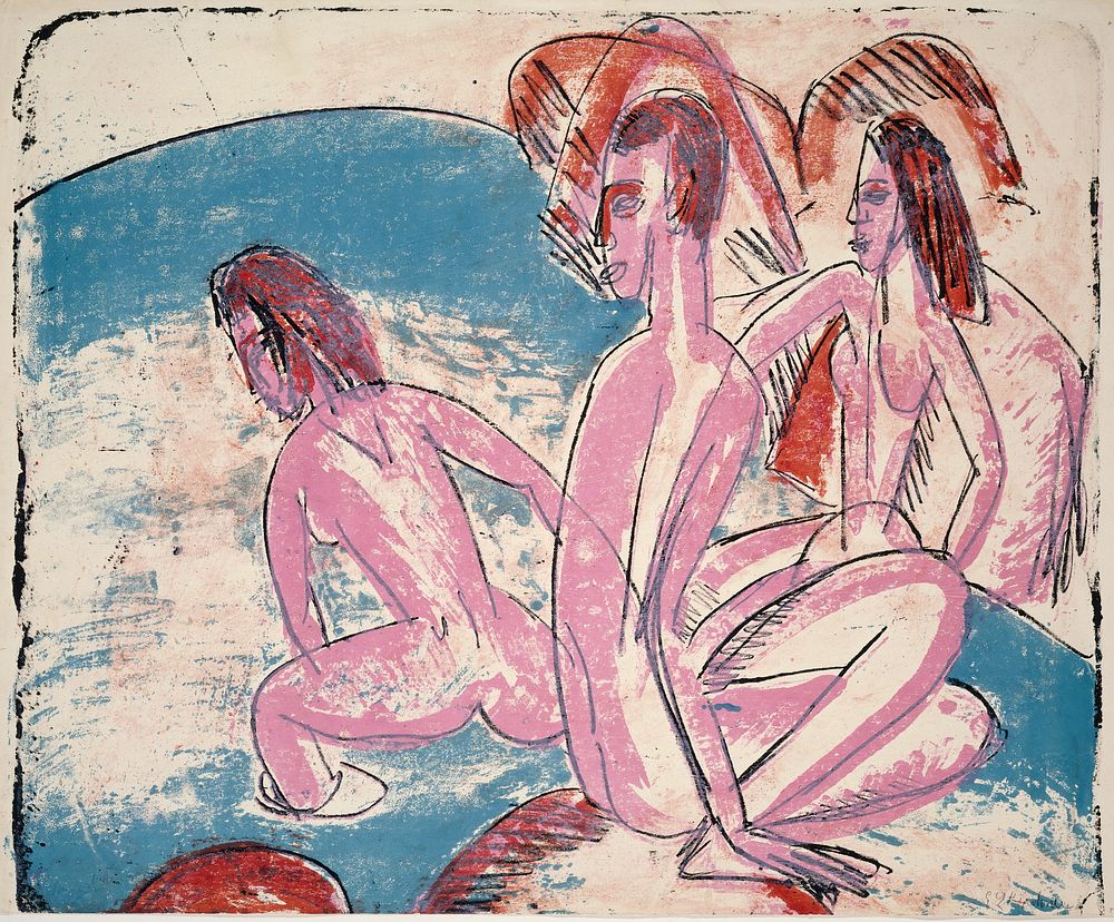 Three Bathers by Stones (1913) print in high resolution by Ernst Ludwig Kirchner.  