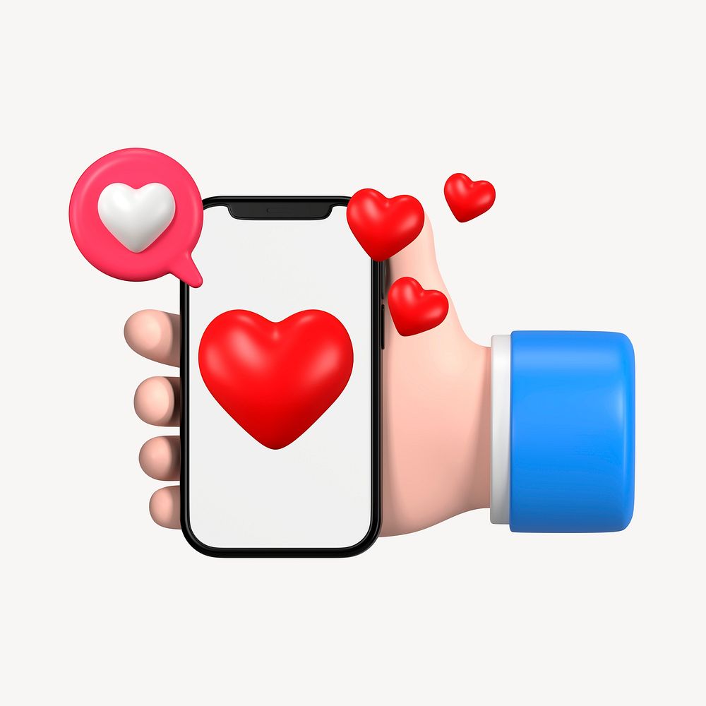 Online dating app 3D rendering, hand holding smartphone illustration psd
