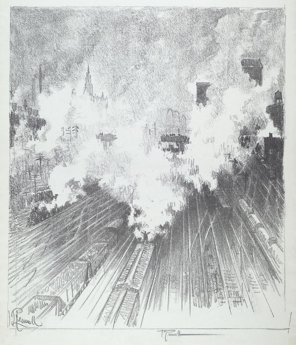 Train Yard, St. Louis (1919) by Joseph Pennell.  