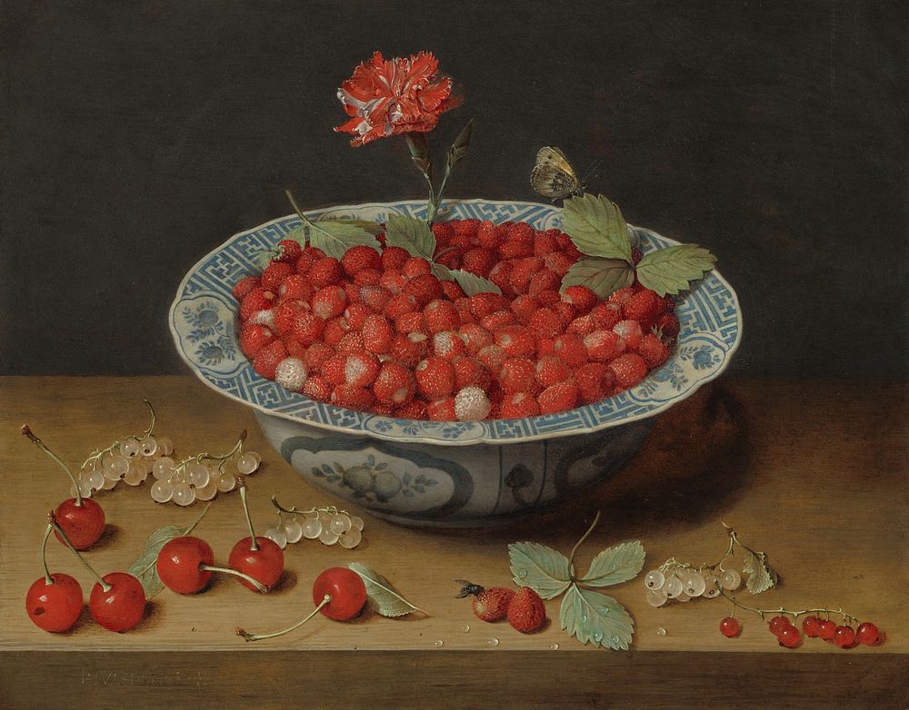 Wild Strawberries and a Carnation in a Wan-Li Bowl (ca. 1620) by Jacob van Hulsdonck.  