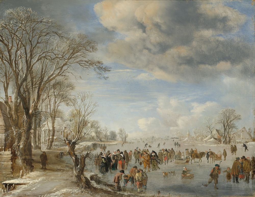 Winter in Holland: Skating Scene (1645) by Aert van der Neer.  