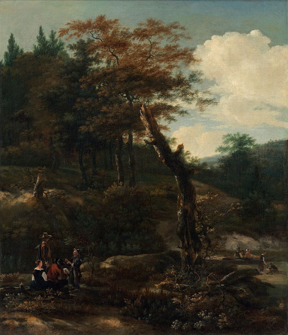 Wooded Landscape with Travelers (late 1640s) by Adam Pynacker.  
