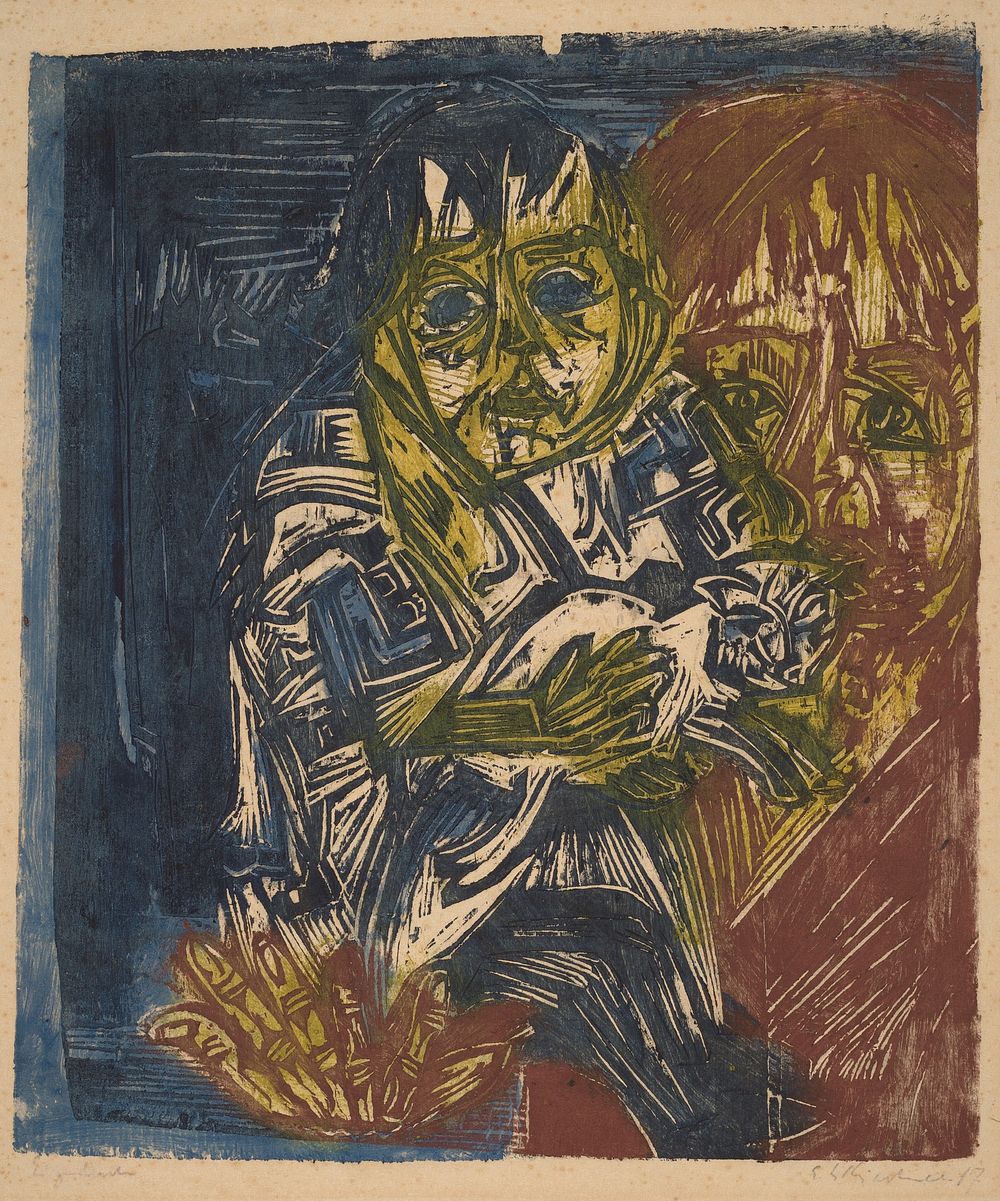 Woman with a Child and a Cat (1919) print in high resolution by Ernst Ludwig Kirchner.  