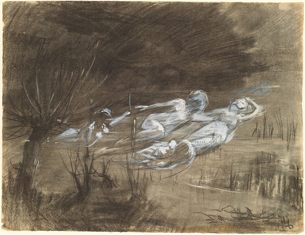 Woman Floating in a River Attended by Two Female Spirits (ca. 1895) drawing in high resolution by Frederick Trapp Friis.  