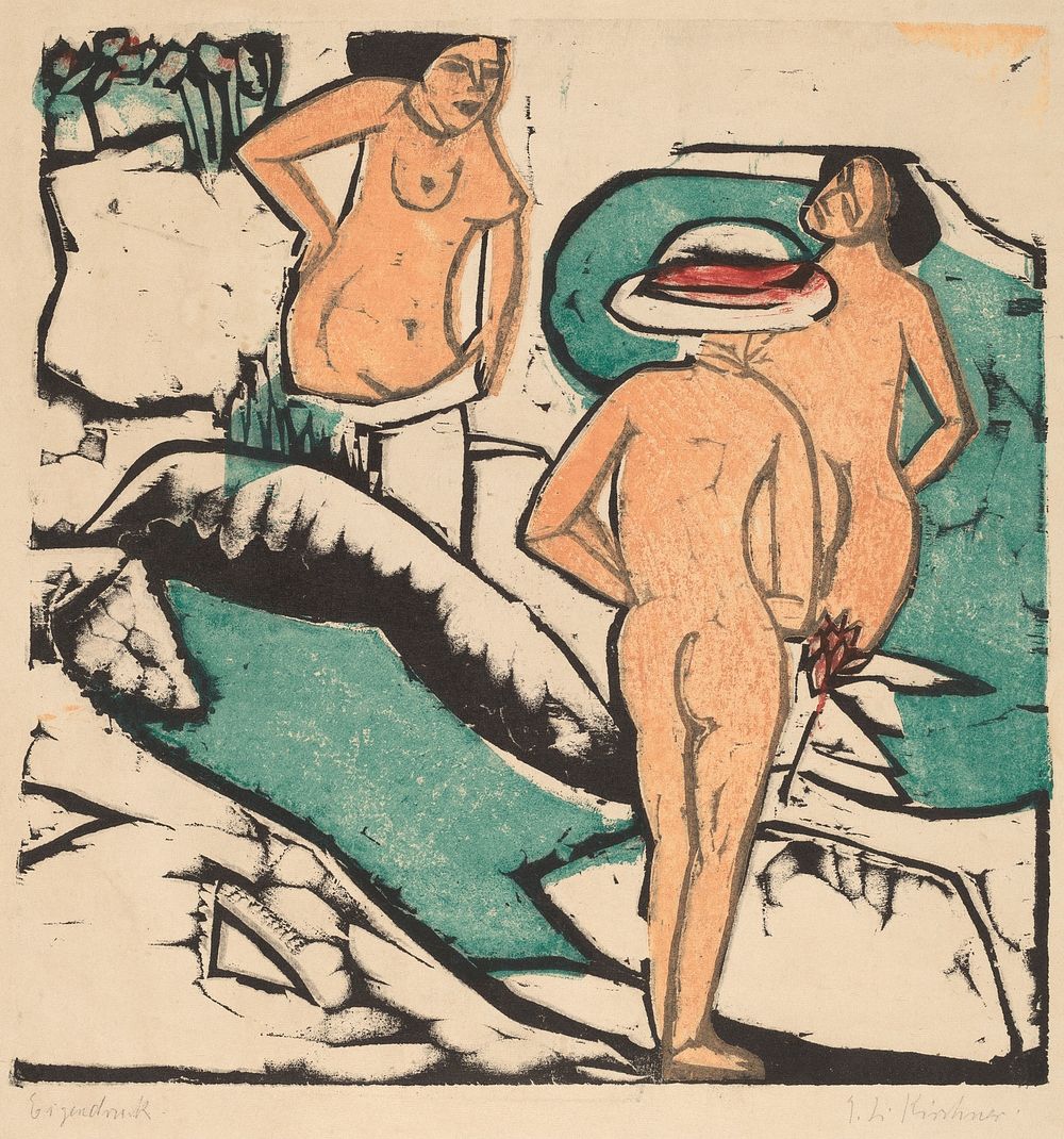 Women Bathing Between White Stones (1912) print in high resolution by Ernst Ludwig Kirchner.  