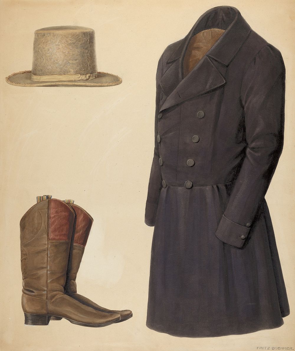 Zoar Man's Hat, Boots and Coat (c. 1937) by Fritz Boehmer.  