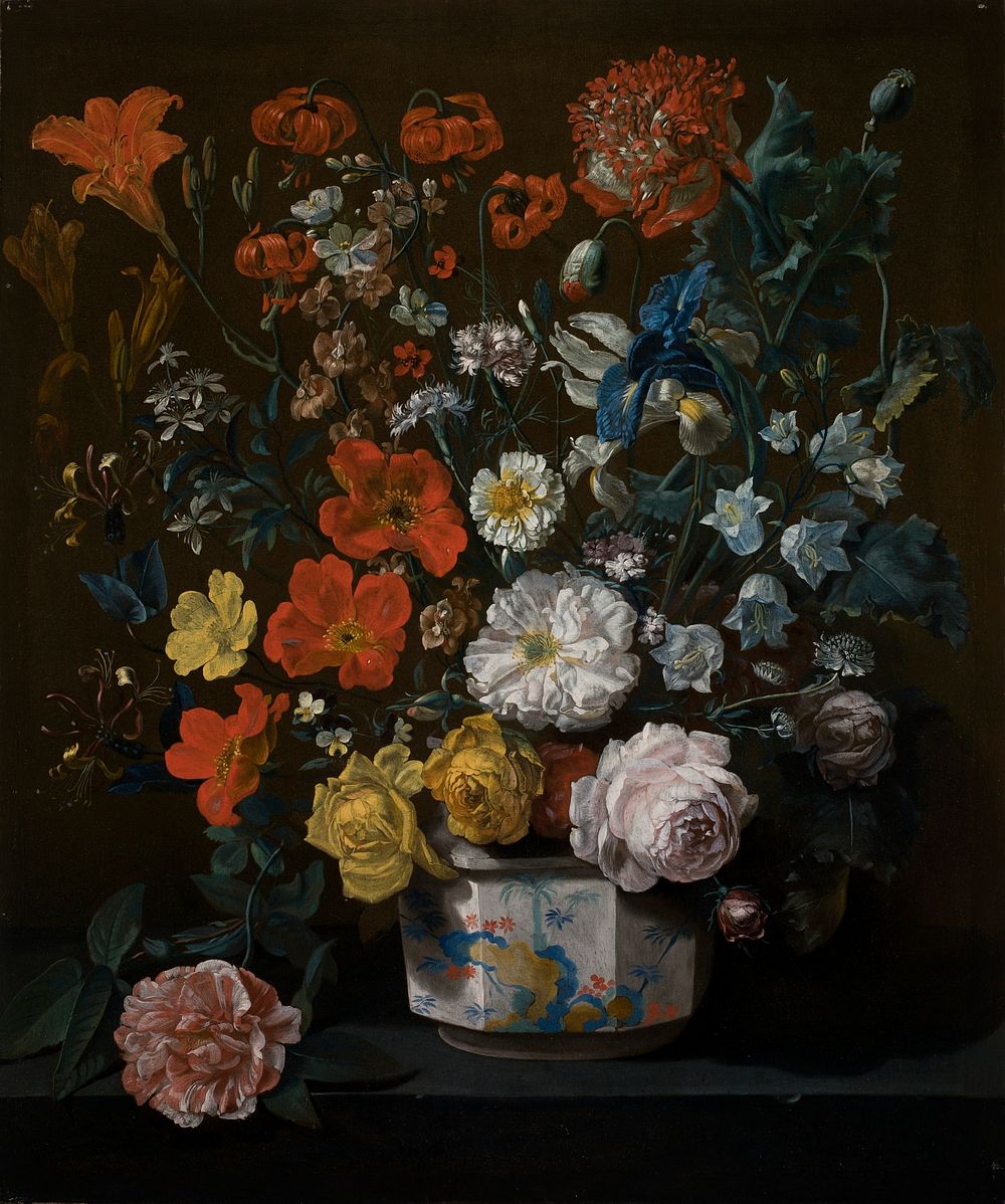 Flowers in a Chantilly Vase (c.1760) painting in high resolution by Louis Tessier. 