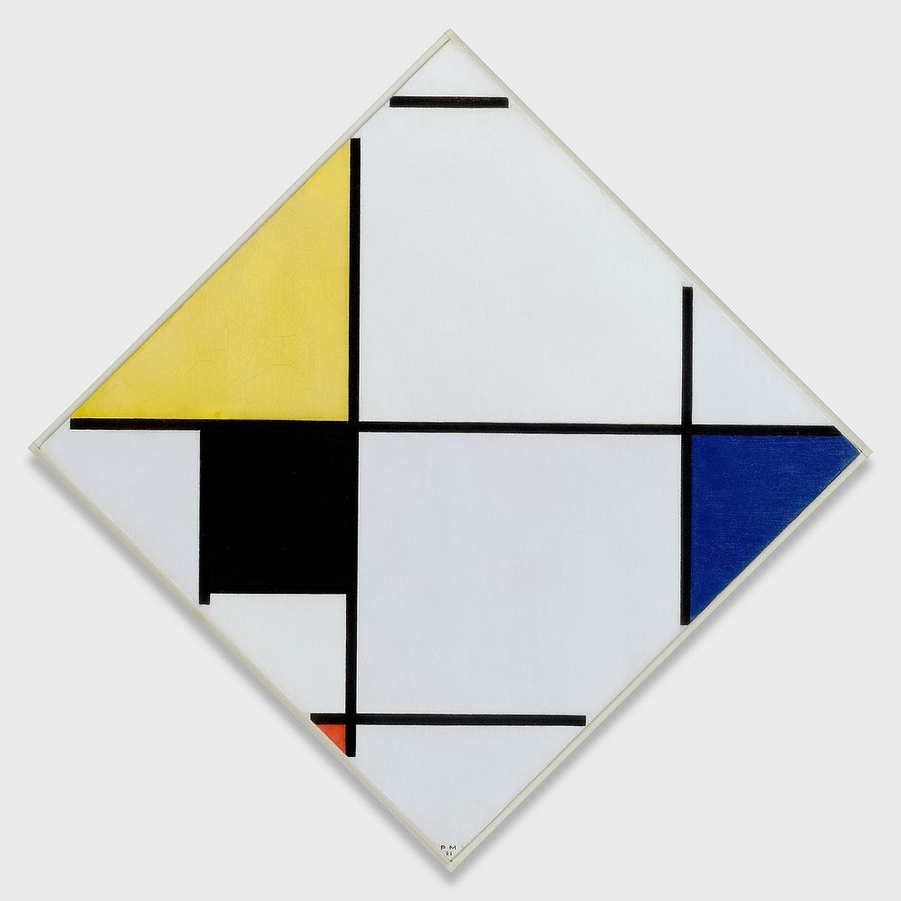 Lozenge Composition with Yellow, Black, Blue, Red, and Gray (1921) painting in high resolution by Piet Mondrian.  