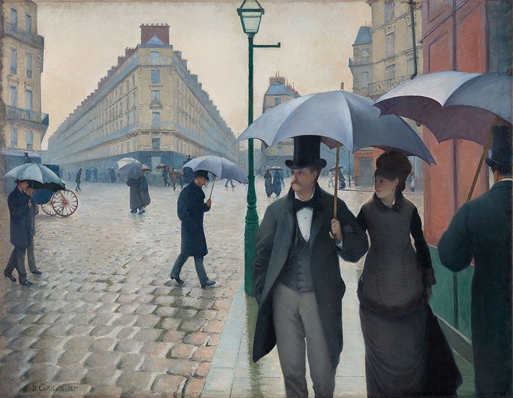 Paris Street Rainy Day (1877) painting in high resolution by Gustave Caillebotte.  
