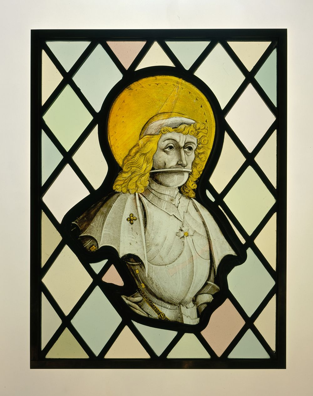 Window Panel Fragment with Armored Saint (15th century) architectural elements design in high resolution by anonymous.  