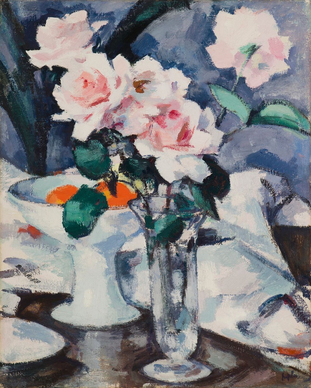 Pink Roses in a Glass Vase (late 1920s) painting in high resolution by Samuel John Peploe. 